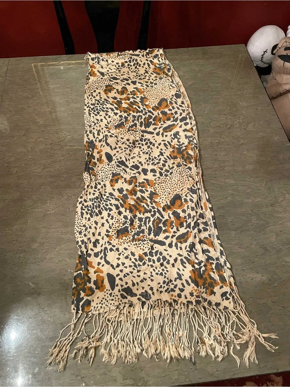 Lightweight tan and brown leopard Print Fringe Scarf